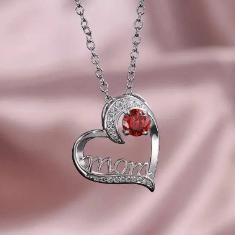 New Mom heart‎ necklace silver tone red gemstone Mother’s Day necklace gift
